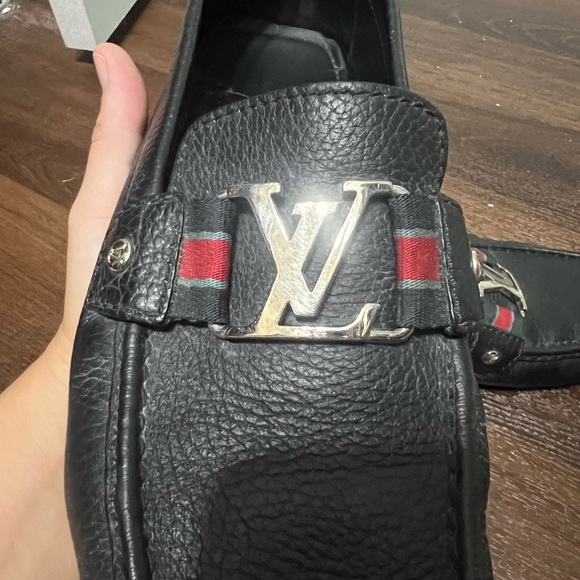 Authentic Louis Vuitton Mens Black and Red Leather Loafers